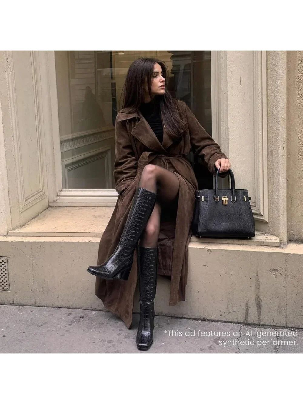 Women's Black Croco Chunky Block Heel Square Toe Side Zipper Knee High Boots